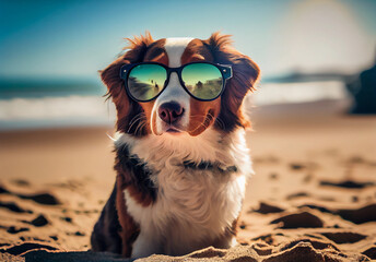 dog in sunglasses is resting on the beach. ai generated Generative AI