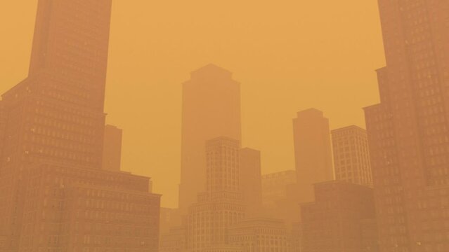 Big city covered in dangerous smoke from wildfires. Orange sky. Tracking shot. Worst air quality in the world.