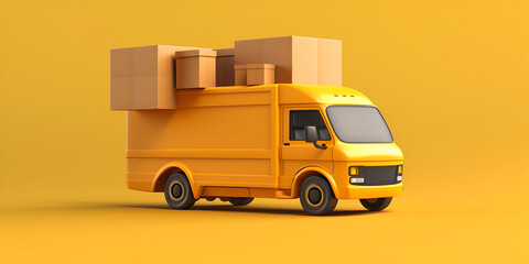 "Transportation and Delivery Company: Yellow Truck with Gift Box on Blue Background"