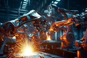 avanced Technology Industrial Welding Robots: Futuristic Factory's Robotic Arms at Work., Generative AI.