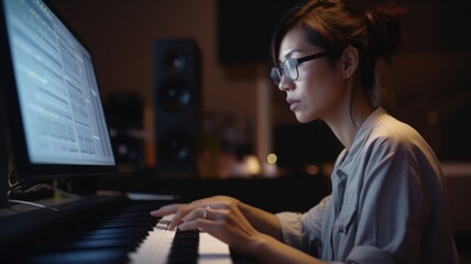 Music Composer Female Asian Middle-Aged Writing and arranging music scores for film, TV, or video games in Home studio. Generative AI AIG22. - obrazy, fototapety, plakaty