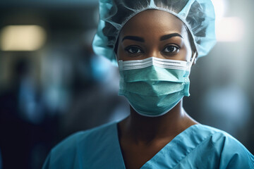 portrait of a black female surgeon doctor in a medical mask in the hospital, created with generative ai