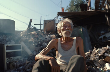 An old poor man sitting on the corner of a junkyard