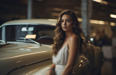 Obraz na płótnie Canvas A beautiful model and a classic car