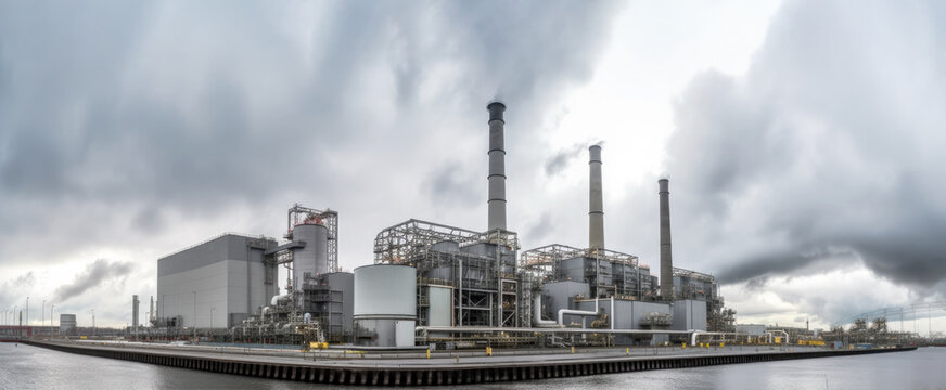 Natural gas powered turbine power plant. Wide angle photo of whole factory. Generative AI