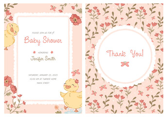 CUTE DUCK - Baby Shower greeting card with Ducks for girl, kids, baby. Semless pattern and vactor cliparts. Kawaii ducks. Temlate for fabric, textile, wrapping, wallpaper, background, paper crafts