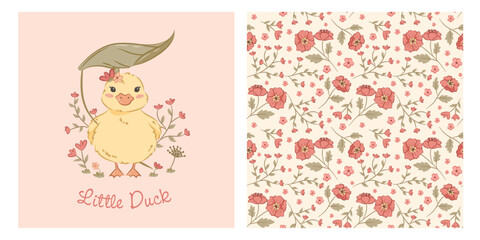 Cute Duck - Little Duck Vector Illustration with Pattern: For Paper crafts, Textile, Invitation Cards, Birthday, fabric, wrapping, home decor, baby and kid room, wallpaper, background, apparel