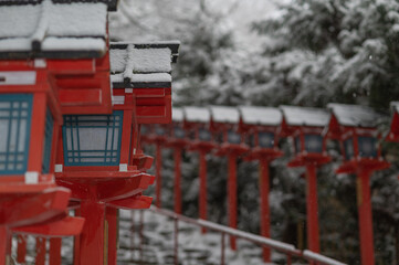 雪の参道の灯籠