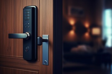 Wood door with smart lock, touch screen keypad and fingerprint, key less access Generative AI