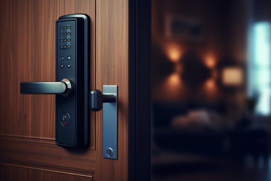 Wood door with smart lock, touch screen keypad and fingerprint, key less access Generative AI