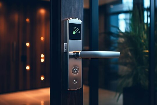 Smart Digital touch screen keypad access by entering pass code digits, Electronic digital door handles on wood door Hotel or apartment door, future modern safety security technology more safe secure