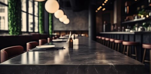 Fototapeta na wymiar Empty Table and Marble Counter in Blurred Background. Modern Restaurant Interior