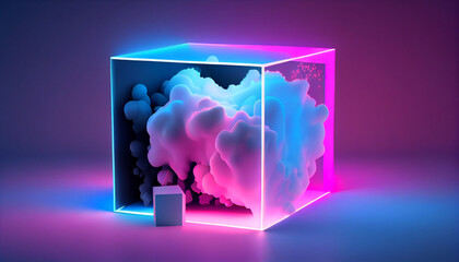 3d rendering, abstract pink blue neon background with glowing cloud and cube box geometric shape Ai generated image