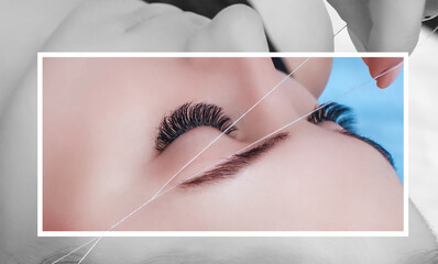 The make-up artist plucks eyebrows with a thread close-up. Women's cosmetology in the beauty salon.