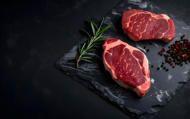 steaks set on black background with spices, in the style of farm security administration aesthetics - generative ai