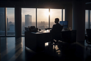 A stockbroker sits at a desk in an empty office at dawn. Photorealistic illustration generative AI.