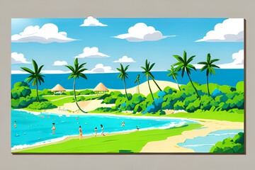 Fototapeta na wymiar Tropical Paradise: Palm Trees, Beach, and Swimming Enthusiasts