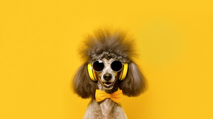 The dog is wearing headphones on a yellow background. AI generation