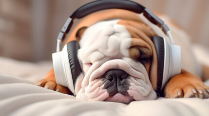 Dog in headphones listens to music in bed. AI generation