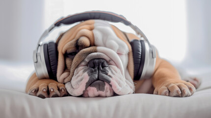 Dog in headphones listens to music in bed. AI generation