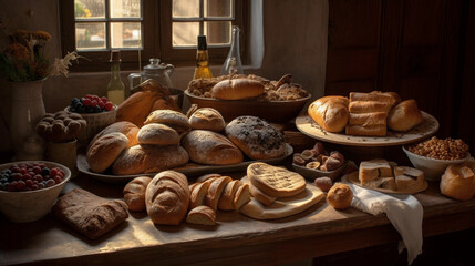 Fototapeta na wymiar A table adorned with an assortment of freshly baked bread and pastries