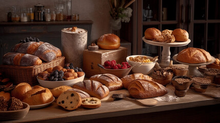 Fototapeta na wymiar A table adorned with an assortment of freshly baked bread and pastries