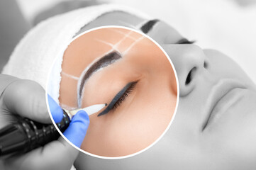 Permanent make-up for eyebrows of beautiful woman with thick brows in beauty salon. Closeup beautician doing  tattooing eyebrow. Makeup and Cosmetology concept.