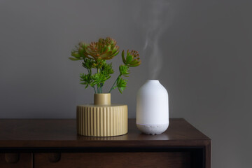 White electric aroma diffuser on a pedestal table near a decorative plant in a vase. Indoor air freshener and humidifier with steam. Cleaning device for fresh air and healthy life