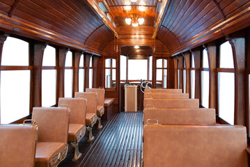 Interior of old restored wooden Portuguese wooden tram. Porto, Portugal. Cutout with transparent...