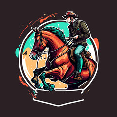 A cowboy rides a horse. Equestrian sport. Cartoon vector illustration. black background, label, sticker