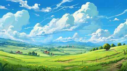 Fototapeta na wymiar Summer fields hills landscape green grass and blue sky.