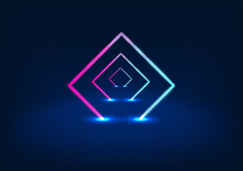 Fototapeta premium Podium Triangle bending neon lights with blue and purple lighting. to make the product stand out as more modern luxury being placed on a platform long and high from the ground