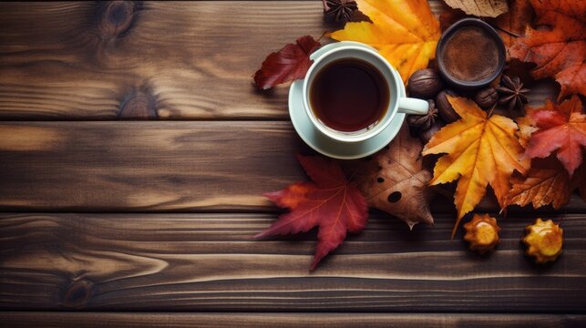 A stylish arrangement of colorful autumn leaves, acorns, and a steaming cup of hot cider on a rustic wooden surface - Generative ai