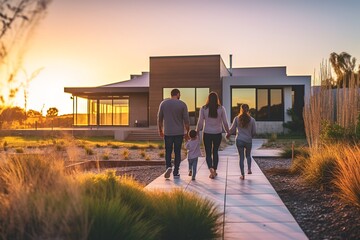 Happy family smiling outside their new home at sunset. - obrazy, fototapety, plakaty