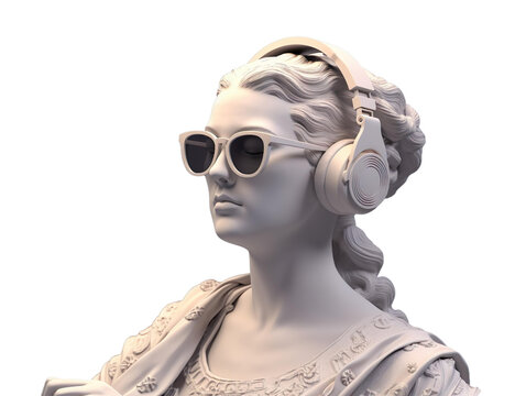 Naklejka Ancient female greek sculpture wearing headphones and sunglasses, modern art, wallpaper. Ai generated