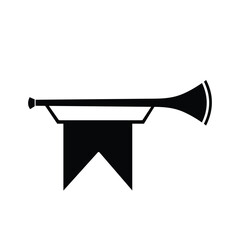 Black and white kingdom fantasy trumpet vector icon silhouette isolated on square white background. Simple flat minimalist cartoon art styled drawing.