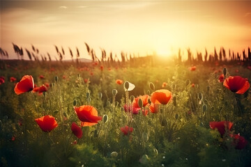 Fototapeta na wymiar sunrise photo of orange and yellow flowers in a field - generative ai