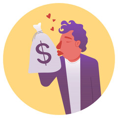 A man kisses a bag of money that he holds in his hand