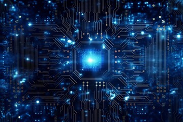 Fototapeta premium Illustration of a computer circuit board with a glowing blue LED in the center created with Generative AI technology