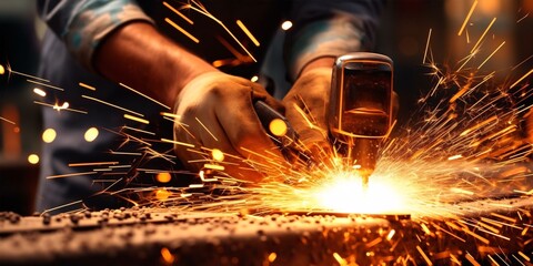 Close-up shot of welding sparks flying, depicting the skill and precision required in industrial craftsmanship. Generative ai.