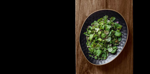 Fresh mint leaves in a plate, top view. Heap of green leaves of spearmint herb on wooden board at black background. Template for banner, culinary flyer or stylish food design with copy space for text.