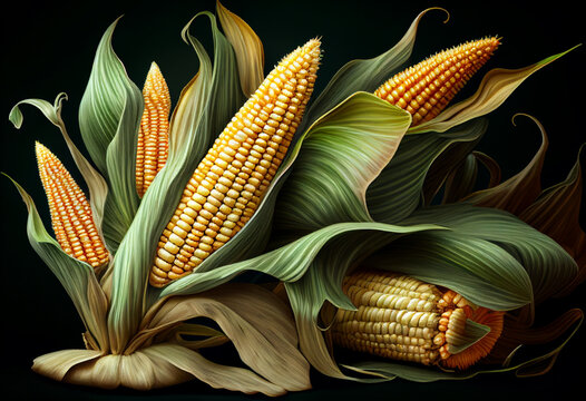 Head of corn in green foliage with sun glare. AI Generated