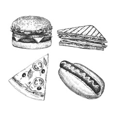 Fast Food Menu. Hand-drawn illustration of dishes. Ink. Vector 