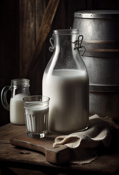A glass jug with organic milk and a glass stand in a rustic kitchen on the table. AI Generated