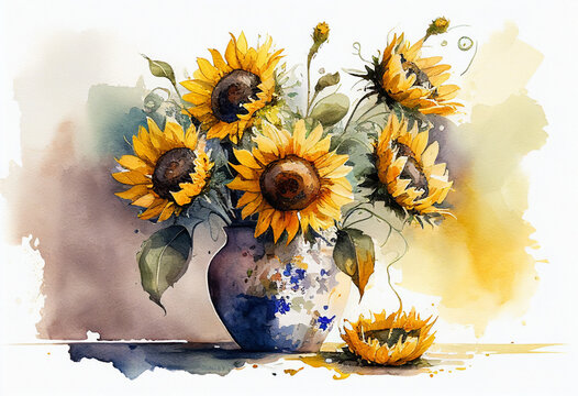 A bouquet of sunflowers stands in a transparent glass vase, a watercolor painting. AI Generated