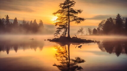 Fototapeta na wymiar Get lost in the beauty of nature with this serene image capturing a tranquil lake at sunrise, shrouded in mist and surrounded by towering trees. Generative ai.