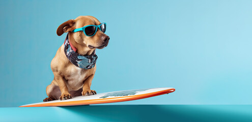 Funny dog in sunglasses surf on a surfboard on blue background. Summer concept. Generative ai