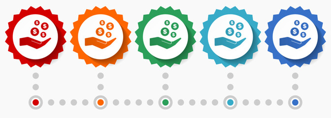 Money, cash, bank vector icon set, colorful infographic template, set of flat design badge icons in 5 color options