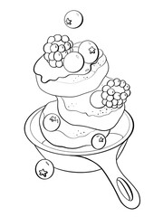 contour line illustration sketch style confectioner sweet breakfast pancakes with berries in a frying pan design element postcard print sticker coloring book