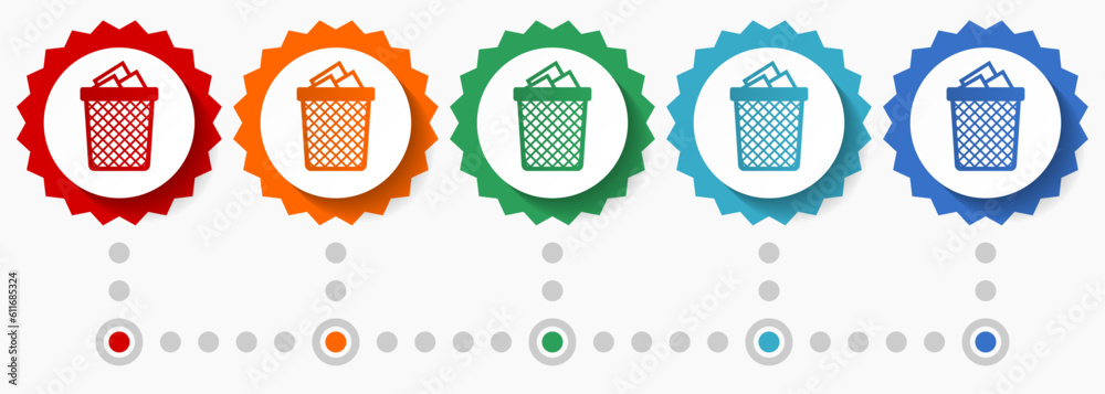 Poster trash can vector icon set, colorful infographic template, set of flat design badge icons in 5 color 